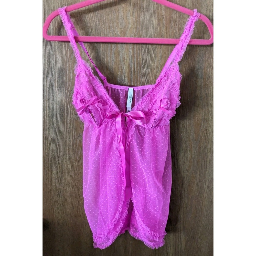 Victoria‎ Secret Large Hot Pink Babydoll Night Gown Lingerie Teddy Peekaboo